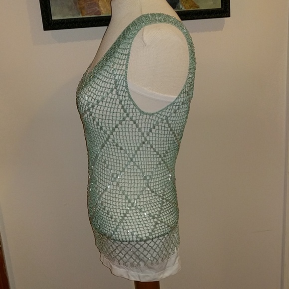 BEST OF YESTERDAY Seafoam HandKnit Crochet Beaded Swim Coverup Stretchy Top $125 - Picture 4 of 10